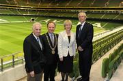 21 October 2010; Mary Hanafin TD, Minister for Tourism, Culture and Sport, with, from left, Alan Moneypenny, Vice-Chairman, Sports Northern Ireland, Gerry Breen, Lord Mayor of Dublin, and John Treacy, Chief Executive of the Irish Sports Council, during the launch of an Irish Sports Council research publication. Aviva Stadium, Lansdowne Road, Dublin. Picture credit: Matt Browne / SPORTSFILE