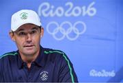 10 August 2016; Padraig Harrington of Ireland during a press conference after a practice round ahead of the Men's Strokeplay competition at the Olympic Golf Course, Barra de Tijuca, during the 2016 Rio Summer Olympic Games in Rio de Janeiro, Brazil. Photo by Brendan Moran/Sportsfile