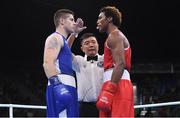 10 August 2016; Joe Ward of Ireland, left, and Carlos Andres Mina of Ecuador ahead of their Light-Heavyweight preliminary round of 16 bout at the Riocentro Pavillion 6 Arena during the 2016 Rio Summer Olympic Games in Rio de Janeiro, Brazil. Photo by Ramsey Cardy/Sportsfile