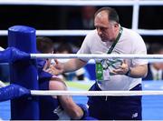 10 August 2016; Team Ireland coach Zaur Antia speaks with Joe Ward of Ireland during their Light-Heavyweight preliminary round of 16 bout against Carlos Andres Mina of Ecuador at the Riocentro Pavillion 6 Arena during the 2016 Rio Summer Olympic Games in Rio de Janeiro, Brazil. Photo by Stephen McCarthy/Sportsfile