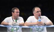 10 August 2016; Team Ireland coaches Eddie Bolger, left, and Zaur Antia during the Light-Heavyweight preliminary round of 16 bout between speak with Joe Ward of Ireland and Carlos Andres Mina of Ecuador at the Riocentro Pavillion 6 Arena during the 2016 Rio Summer Olympic Games in Rio de Janeiro, Brazil. Photo by Ramsey Cardy/Sportsfile