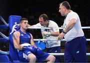 10 August 2016; Team Ireland coaches Eddie Bolger, centre, and Zaur Antia speak with Joe Ward of Ireland during their Light-Heavyweight preliminary round of 16 bout against Carlos Andres Mina of Ecuador at the Riocentro Pavillion 6 Arena during the 2016 Rio Summer Olympic Games in Rio de Janeiro, Brazil. Photo by Ramsey Cardy/Sportsfile