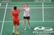 11 August 2016; Chloe Magee, right, of Ireland shakes hands with Yihan Wang of People's Republic of China following their Women's Singles Group Play Stage - Group P match in the Riocentro Pavillion 4 Arena, Barra da Tijuca, during the 2016 Rio Summer Olympic Games in Rio de Janeiro, Brazil. Photo by Ramsey Cardy/Sportsfile