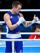 11 August 2016; Steven Donnelly of Ireland celebrates after defeating Tuvshinbat Byamba of Mongolia via split decision in their Welterweight preliminary round of 16 bout in the Riocentro Pavillion 6 Arena, Barra da Tijuca, during the 2016 Rio Summer Olympic Games in Rio de Janeiro, Brazil. Photo by Ramsey Cardy/Sportsfile