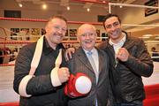 24 October 2010; Former WBO World Super-Middleweight Steve Collins, left, with Olympic silver medalist Kenny Egan and RTE's Boxing commentator Jimmy Magee, centre, at the official opening of the new Neilstown Boxing Club. Neilstown, Clondalkin, Dublin. Picture credit; David Maher / SPORTSFILE
