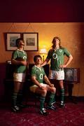 25 October 2010; Ireland players Luke Fitzgerald, Gordon D’Arcy and Jamie Heaslip pictured wearing the Ireland Commemorative kit, a one off kit to be worn against World Champions South Africa on November 6th, to celebrate the first major Rugby international at the new Aviva Stadium, Lansdowne Road. PUMA have taken the heritage and tradition from all of the previous Irish rugby teams that have played on the site of the world’s oldest Test Match venue, to produce a kit that features a traditional look and 'cotton' feel. Their use of ultra-modern fabrics and construction techniques has given the kit the correct lightweight high performance demanded by today's players. The colour and design are inspired by the traditional Irish shirts of the 70's and 80’s, as a homage to the legendary Irish performances of the past in the same venue. IRFU - New Jersey Launch. South Anne Street, Dublin. Picture credit: Brendan Moran / SPORTSFILE