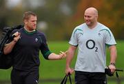 26 October 2010; Ireland's Jamie Heaslip and John Hayes arrive at squad training. Ireland Rugby Squad Training, University of Limerick, Limerick. Picture credit: Alan Place / SPORTSFILE