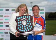 11 August 2016; LGFA President Marie Hickey presents the GAA World Games Ladies Football Irish Shield to Courtney Traynor of New York during Day 3 of the Etihad Airways GAA World Games 2016 at UCD in Dublin. Photo by Sam Barnes/Sportsfile