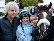 11 August 2016; Bob Geldof with winning jockey Ana O'Brien and Udogo after The Boomtown Rats Apprentice Handicap at Leopardstown Racecourse in Dublin. Photo by Cody Glenn/Sportsfile