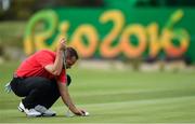 11 August 2016; Sergio Garcia of Spain lines up a putt during Round 1 of the Men's Strokeplay competition at the Olympic Golf Course, Barra de Tijuca, during the 2016 Rio Summer Olympic Games in Rio de Janeiro, Brazil. Photo by Brendan Moran/Sportsfile