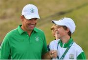 11 August 2016; Padraig Harrington of Ireland with his son Patrick before his Round 1 of the Men's Strokeplay competition at the Olympic Golf Course, Barra de Tijuca, during the 2016 Rio Summer Olympic Games in Rio de Janeiro, Brazil. Photo by Brendan Moran/Sportsfile