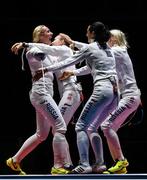 11 August 2016; The Russian Federation team celebrate their team's victory following the Women's Épée Team Bronze Medal Match in Carioca Arena 3 during the 2016 Rio Summer Olympic Games in Rio de Janeiro, Brazil. Photo by Ramsey Cardy/Sportsfile