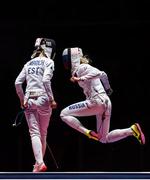 11 August 2016; Irina Embrich of Estonia in action against Violetta Kolobova of Russian Federation during the Women's Épée Team Bronze Medal Match in Carioca Arena 3 during the 2016 Rio Summer Olympic Games in Rio de Janeiro, Brazil. Photo by Ramsey Cardy/Sportsfile