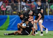 11 August 2016; Rieko Ioane of New Zealand is congratulated by team-mates after scoring a try during the Men's Rugby Sevens placing 5-6 match between New Zealand and Argentina during the 2016 Rio Summer Olympic Games at Deodoro Stadium in Rio de Janeiro, Brazil. Photo by Stephen McCarthy/Sportsfile