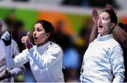 11 August 2016; Ana Maria Popescu, right, of Romania celebrates a score by her team's during the Women's Épée Team Gold Medal Match in Carioca Arena 3 during the 2016 Rio Summer Olympic Games in Rio de Janeiro, Brazil. Photo by Ramsey Cardy/Sportsfile