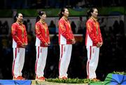 11 August 2016; The China team on the podium following their second place in the Women's Épée Team Gold Medal Match in Carioca Arena 3 during the 2016 Rio Summer Olympic Games in Rio de Janeiro, Brazil. Photo by Ramsey Cardy/Sportsfile
