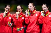 11 August 2016; The Romania team on the podium following their victory in the Women's Épée Team Gold Medal Match in Carioca Arena 3 during the 2016 Rio Summer Olympic Games in Rio de Janeiro, Brazil. Photo by Ramsey Cardy/Sportsfile