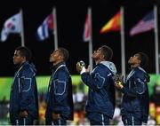 11 August 2016; The Fiji team after receiving their gold medals during the Men's Rugby Sevens gold medal match between Fiji and Great Britain during the 2016 Rio Summer Olympic Games at Deodoro Stadium in Rio de Janeiro, Brazil. Photo by Stephen McCarthy/Sportsfile