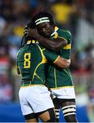 11 August 2016; Rosko Specman, left, is congratulated by team-mate Tim Agaba, right, of South Africa after scoring a try during the Men's Rugby Sevens bronze medal match between Japan and South Africa during the 2016 Rio Summer Olympic Games at Deodoro Stadium in Rio de Janeiro, Brazil. Photo by Stephen McCarthy/Sportsfile