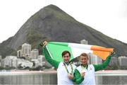 12 August 2016; Paul O'Donovan, left, and Gary O'Donovan of Ireland celebrate with their silver medals in front of the sugarloaf Mountain after the Men's Lightweight Double Sculls A final in Lagoa Stadium, Copacabana, during the 2016 Rio Summer Olympic Games in Rio de Janeiro, Brazil. Photo by Brendan Moran/Sportsfile
