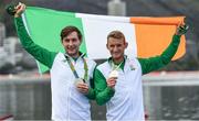 12 August 2016; Paul O'Donovan, left, and Gary O'Donovan of Ireland celebrate with their silver medals after the Men's Lightweight Double Sculls A final in Lagoa Stadium, Copacabana, during the 2016 Rio Summer Olympic Games in Rio de Janeiro, Brazil. Photo by Brendan Moran/Sportsfile
