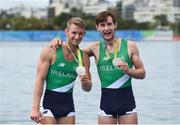 12 August 2016; Paul O'Donovan, right, and Gary O'Donovan of Ireland celebrate after finishing second in the Men's Lightweight Double Sculls A final in Lagoa Stadium, Copacabana, during the 2016 Rio Summer Olympic Games in Rio de Janeiro, Brazil. Photo by Stephen McCarthy/Sportsfile