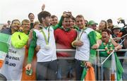 12 August 2016; Paul O'Donovan, left, and Gary O'Donovan of Ireland are congratulated by supporters after receiving their silver medals in the Men's Lightweight Double Sculls A final in Lagoa Stadium, Copacabana, during the 2016 Rio Summer Olympic Games in Rio de Janeiro, Brazil. Photo by Brendan Moran/Sportsfile