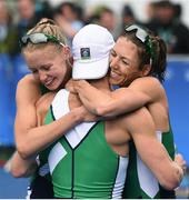 12 August 2016; Gary O'Donovan of Ireland is congratulated by Claire Lamb and Sinead Lynch, right, after finishing second in the Men's Lightweight Double Sculls A final in Lagoa Stadium, Copacabana, during the 2016 Rio Summer Olympic Games in Rio de Janeiro, Brazil. Photo by Stephen McCarthy/Sportsfile