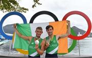 12 August 2016; Brothers Gary O'Donovan, left, and Paul O'Donovan of Ireland celebrate winning silver in the Men's Lightweight Double Sculls A final in Lagoa Stadium, Copacabana, during the 2016 Rio Summer Olympic Games in Rio de Janeiro, Brazil. Photo by Brendan Moran/Sportsfile