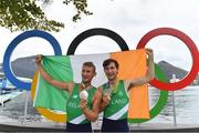 12 August 2016; Brothers Gary O'Donovan, left, and Paul O'Donovan of Ireland celebrate winning silver in the Men's Lightweight Double Sculls A final in Lagoa Stadium, Copacabana, during the 2016 Rio Summer Olympic Games in Rio de Janeiro, Brazil. Photo by Brendan Moran/Sportsfile