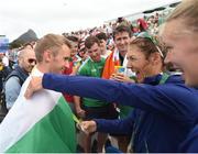 2 August 2016; Gary O'Donovan is congratulated by Ireland team-mates Sinead Lynch and Claire Lamb, right, after finishing second in the Men's Lightweight Double Sculls A final in Lagoa Stadium, Copacabana, during the 2016 Rio Summer Olympic Games in Rio de Janeiro, Brazil. Photo by Stephen McCarthy/Sportsfile