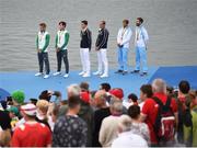 12 August 2016; Olympic medallists, from left to right, silver medalists Paul O'Donovan and Gary O'Donovan of Ireland, gold medalists Pierre Houin and Jeremie Azou of France, and bronze medalists Kristoffer Brun and Are Strandli of Norway on the podium at the medal ceremony following the Men's Lightweight Double Sculls A final in Lagoa Stadium, Copacabana, during the 2016 Rio Summer Olympic Games in Rio de Janeiro, Brazil. Photo by Stephen McCarthy/Sportsfile