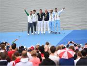 12 August 2016; Olympic medallists, from left to right, silver medalists Paul O'Donovan and Gary O'Donovan of Ireland, gold medalists Pierre Houin and Jeremie Azou of France, and bronze medalists Kristoffer Brun and Are Strandli of Norway on the podium at the medal ceremony following the Men's Lightweight Double Sculls A final in Lagoa Stadium, Copacabana, during the 2016 Rio Summer Olympic Games in Rio de Janeiro, Brazil. Photo by Stephen McCarthy/Sportsfile