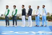 12 August 2016; Olympic medallists, from left, silver medallists Gary O'Donovan and Paul O'Donovan of Ireland, gold medallists Pierre Houin and Jerome Azou of France and bronze medallists Kristoffer Brun and Are Strandli of Norway after the Men's Lightweight Double Sculls A final in Lagoa Stadium, Copacabana, during the 2016 Rio Summer Olympic Games in Rio de Janeiro, Brazil. Photo by Brendan Moran/Sportsfile
