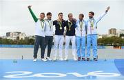 12 August 2016; Olympic medallists, from left, silver medallists Gary O'Donovan and Paul O'Donovan of Ireland, gold medallists Pierre Houin and Jerome Azou of France and bronze medallists Kristoffer Brun and Are Strandli of Norway after the Men's Lightweight Double Sculls A final in Lagoa Stadium, Copacabana, during the 2016 Rio Summer Olympic Games in Rio de Janeiro, Brazil. Photo by Brendan Moran/Sportsfile