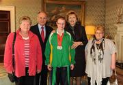 27 October 2010; TEAM Ireland member Nicolle Smith, from Newtownards, Co. Down, who won Gold in the 100 m race, Silver in the 4vx 100 m, and Gold in the long jump, at the 2010 Special Olympics European Games, with President Mary McAleese and Dr. Martin McAleese, and Georgie and Nicola Herron a reception to celebrate their achievements in Aras an Uachtarain, Phoenix Park, Dublin. Picture credit: Ray McManus / SPORTSFILE