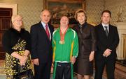 27 October 2010; TEAM Ireland member Mark Bolger, from Abbeydorney, Co. Kerry, who won 1 gold, 1 silver and 1 bronze medal in the athletics competition at the 2010 Special Olympics European Games, with President Mary McAleese and Dr. Martin McAleese, and Michael and Maria Bolger at a reception to celebrate their achievements in Aras an Uachtarain, Phoenix Park, Dublin. Picture credit: Ray McManus / SPORTSFILE