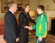 27 October 2010; TEAM Ireland member Dermot Leavey, from Malahide, Co. Dublin, with President Mary McAleese and Dr. Martin McAleese at a reception to celebrate their achievements in Aras an Uachtarain, Phoenix Park, Dublin. Picture credit: Ray McManus / SPORTSFILE
