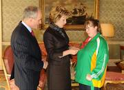 27 October 2010; TEAM Ireland member Emma Chalmers, from Portrush, Co. Antrim, who won a Bronze in Bowling doubles, Bronze in Bowling singles Gold in team bowling event at the 2010 Special Olympics European Games, with President Mary McAleese and Dr. Martin McAleese at a reception to celebrate their achievements in Aras an Uachtarain, Phoenix Park, Dublin. Picture credit: Ray McManus / SPORTSFILE