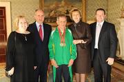27 October 2010; TEAM Ireland member James Crowe, from Dublin Road, Limerick City, who won who came in 5th place in the bowling doubles event, won a Bronze medal in the singles bowling event and a Gold medal in the bowling team event at the 2010 Special Olympics European Games, with President Mary McAleese, Dr. Martin McAleese, alongside Rita and Marc Crowe at a reception to celebrate their achievements in Aras an Uachtarain, Phoenix Park, Dublin. Picture credit: Ray McManus / SPORTSFILE