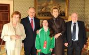 27 October 2010; TEAM Ireland member Andrea Buckley, from Summerhill, Co. Meath, who earned a 4th place ribbon in the Women’s 7-aside football at the 2010 Special Olympics European Games, with President Mary McAleese, Dr. Martin McAleese, alongside Maria and Thomas Buckley at a reception to celebrate their achievements in Aras an Uachtarain, Phoenix Park, Dublin. Picture credit: Ray McManus / SPORTSFILE