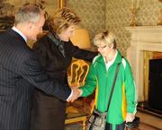 27 October 2010; TEAM Ireland member Nicola McIntyre, from Strabane, Co. Tyrone, who earned a 4th place ribbon  in the Women’s 7-aside football at the 2010 Special Olympics European Games, with President Mary McAleese and Dr. Martin McAleese at a reception to celebrate their achievements in Aras an Uachtarain, Phoenix Park, Dublin. Picture credit: Ray McManus / SPORTSFILE