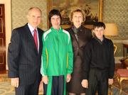 27 October 2010; TEAM Ireland member Fionnuala Treacy, from Ballinasloe, Co. Galway, who earned a 4th place ribbon  in the Women’s 7-aside football at the 2010 Special Olympics European Games, with President Mary McAleese, Dr. Martin McAleese and Tony Cannon at a reception to celebrate their achievements in Aras an Uachtarain, Phoenix Park, Dublin. Picture credit: Ray McManus / SPORTSFILE