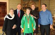 27 October 2010; TEAM Ireland member Doreen McGreevy, from Friar’s Walk, Cork City, who won a Bronze medal in the table tennis doubles competition and received a 7th place position in the singles event at the 2010 Special Olympics European Games, with President Mary McAleese, Dr. Martin McAleese, alongside Peggy and Tommy McGreevy at a reception to celebrate their achievements in Aras an Uachtarain, Phoenix Park, Dublin. Picture credit: Ray McManus / SPORTSFILE