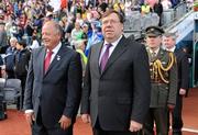 26 September 2010; An Taoiseach Brian Cowen, TD, on his arrival to meet the teams with Pat Quill, President, Cumann Peil Gael na mBan. TG4 All-Ireland Senior Ladies Football Championship Final, Dublin v Tyrone, Croke Park, Dublin. Picture credit: Brendan Moran / SPORTSFILE