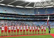 26 September 2010; The Tyrone team stand for the National Anthem before the game. TG4 All-Ireland Senior Ladies Football Championship Final, Dublin v Tyrone, Croke Park, Dublin. Picture credit: Brendan Moran / SPORTSFILE