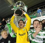 28 October 2010; Shamrock Rovers goalkeeper Robert Hughes lifts the cup. Airtricity Under-20 League Final, Shamrock Rovers v Bohemians, Tallaght Stadium, Tallaght, Dublin. Picture credit: Brian Lawless / SPORTSFILE