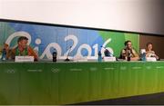 12 August 2016; Silver medallist Gary O'Donovan, left, of Ireland attempts to interview the Norwegian bronze medallists Are Strandli and Kristioffer Brun while awaiting the arrival of the French gold medallists in the press conference room after the Men's Lightweight Double Sculls A final in Lagoa Stadium, Copacabana, during the 2016 Rio Summer Olympic Games in Rio de Janeiro, Brazil. Photo by Brendan Moran/Sportsfile
