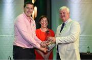 12 August 2016; David Young of the Middle East Irish hurling team is presented with his Etihad Airways World Games 2016 All Star Award by Beatrice Cosgrove, General Manager Ireland, Etihad Airways and Uachtarán Chumann Lúthchleas Aogán Ó Fearghail during the Closing Banquet of the Etihad Airways GAA World Games 2016 at Croke Park in Dublin. Photo by Cody Glenn/Sportsfile