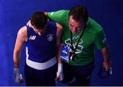 13 August 2016; Brendan Irvine of Ireland with coach Eddie Bolger following his Light-Flyweight preliminary round of 32 bout defeat to Shakhobidin Zoirov of Uzbekistan in the Riocentro Pavillion 6 Arena during the 2016 Rio Summer Olympic Games in Rio de Janeiro, Brazil. Photo by Stephen McCarthy/Sportsfile